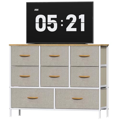 Feonase Chest of Drawers, Bedroom Dresser with 8 Fabric Drawers, Metal Frame & MDF Wood Top, Adjustable Feet, Storage Organizer Unit for Bedroom, Closet, Living Room, Hallway, Khaki