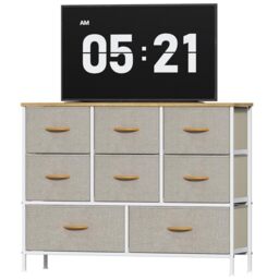 Feonase Chest of Drawers, Bedroom Dresser with 8 Fabric Drawers, Metal Frame & MDF Wood Top, Adjustable Feet, Storage Organizer Unit for Bedroom, Closet, Living Room, Hallway, Khaki