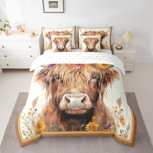 jejeloiu Highland Cow Comforter Set with Sheets Full Size Kids Farmhouse Bed in a Bag for Boys Girls Teens Brown 7 Pieces Bedding Set