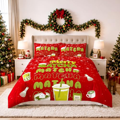 GC GAVENO CAVAILIA Double Duvet Cover Set Christmas Matcha Bedding Sets - Breathable, Lightweight, Reversible Quilt Cover Set - Soft Touch, Christmas Duvet Cover Double With Pillow Cases, 200x200cm