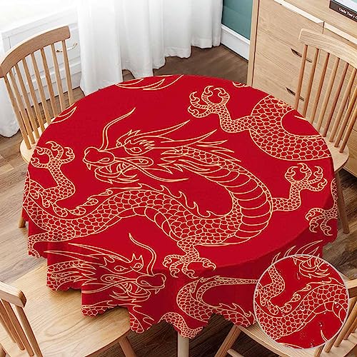 Yibeas Tablecloth Round Dragon Table Cloth Chinese Dragons Fighting Gold Outlines on Red Table Cover for Dining Room Kitchen Decoration Round Tablecloths 60 inch
