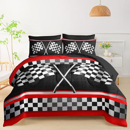 Race Car 7 Pieces Comforter Set Queen Size,Racing Bedding Set for Kids Teens Boys-Include 1 Comforter,1 Fitted Sheet,1 Flat Sheet,2 Printing Pillowcases and 2 Black Pillowcases