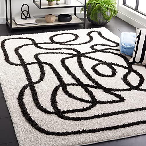 Safavieh Boho Rug for Living Room, Dining Room, Bedroom - Norway Shag Collection, High Pile, in Ivory and Black, 183 X 274 cm