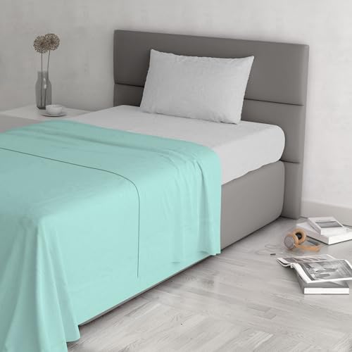 Trendy Chic Cotton Single Bed Sheet Set, Made in Italy – Complete Bed Set, Fitted Sheet, 90 x 200 cm Flat Sheet and Pillowcase, Aqua Green