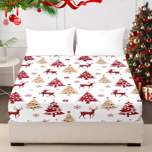 HCORA Christmas Fitted Sheet Only, 100% Brushed Microfibre Deep Pocket Fitted Bottom Sheet, Ultra Soft, Shrinkage and Fade Resistant, Full Size