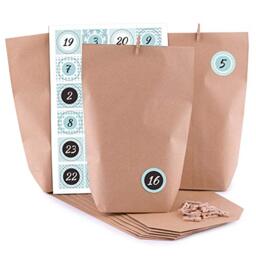 pajoma Advent Calendar for Filling Pattern 24 Kraft Paper Bags Brown Gift Bags Christmas Calendar Craft Set Including Number Stickers and Clips