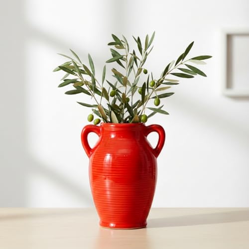 8 inch Ceramic Red Vase - Modern Decorative Vases with 2 Handles, Centerpieces, Kitchen, Fireplace Mantel, Living Room, Entryway Decoration