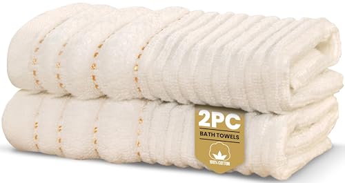 Rapport Home Linear Bath Towels 2-Pack - Ivory Cream - 70x120cm - 100% Cotton 500gsm - Oeko-Tex Made in Green & BCI Certified