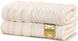 Rapport Home Linear Bath Towels 2-Pack - Ivory Cream - 70x120cm - 100% Cotton 500gsm - Oeko-Tex Made in Green & BCI Certified