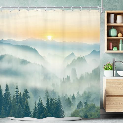 "Mountain Green Sunrise Sunset Scenery Landscape Bathroom Shower Curtain Set - 72""W x 72""L shower curtain??? Tree Nature: HD waterproof print, quick-dry cloth, free hooks for easy installation."
