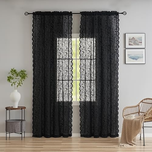 Black Floral Curtains 108 Inches Long 2 Panels Set Elegant Boho Lace Semi Sheer Curtain Drapes for Living Room Sliding Glass Door 9ft Tall Farmhouse/Gothic/Skull/Halloween Decor, 52W x 108L Inch