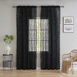 Black Floral Curtains 108 Inches Long 2 Panels Set Elegant Boho Lace Semi Sheer Curtain Drapes for Living Room Sliding Glass Door 9ft Tall Farmhouse/Gothic/Skull/Halloween Decor, 52W x 108L Inch