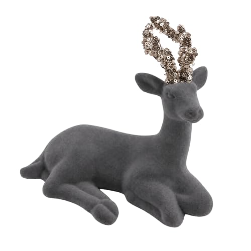 Christmas Velvet Sitting Deer Figurine 19cm - Grey Flocking Reindeer Ornament with Sequin Glitter Antlers - Festive Table Decoration for Mantel, Shelf, Centerpiece and Home DΓ©cor