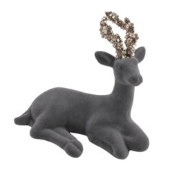 Christmas Velvet Sitting Deer Figurine 19cm - Grey Flocking Reindeer Ornament with Sequin Glitter Antlers - Festive Table Decoration for Mantel, Shelf, Centerpiece and Home Décor
