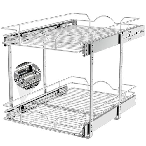 "OCG 2 Tier Pull Out Cabinet Organizer (14"" W x 21"" D), Pull Out Drawers for Kitchen Cabinets, Pull Out Shelves for Base Cabinet Organization in Kitchen Bathroom Pantry, Chrome Finish"