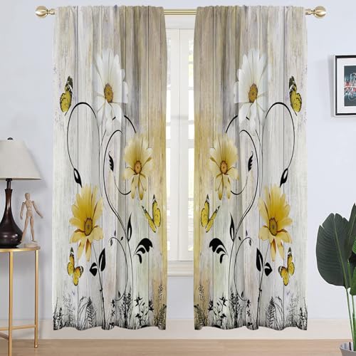 "AAtter Yellow Floral Window Curtain Rustic Country Flower White Daisy Sunflower Butterfly Abstract Black Grey Leaves Living Room Bedroom Window Drapes Treatment Fabric 1 Pair, 42"" W x 84"" L, Vintage"