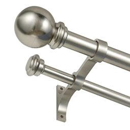 "Double Curtain Rod 28 to 48 inch, Adjustable 1 inch Double Drapery Rod Rods for Windows and Doors with Ball Round Finials and Premium Aluminum Brackets Set (28-48"",Brushed Nickel)"