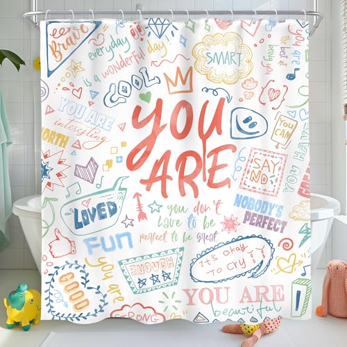 AMBZEK Kids Inspirational Quotes Shower Curtain 60Wx72L Inch Teens You are Motivational Abstract Funny Colorful Graffiti Artwork Cloth Fabric Waterproof Polyester Bathroom Decor Set with 12 Pack Hooks
