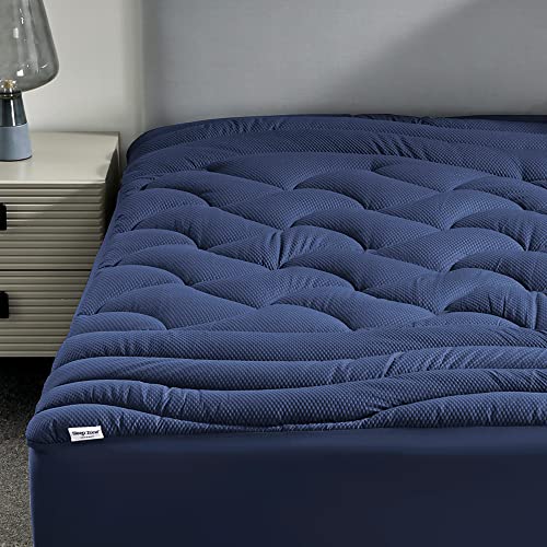 "SLEEP ZONE Full Size Cooling Mattress Topper, Premium Zoned Cool Mattress Pad Cover, Padded Mattress Protector Breathable Washable, Deep Pocket 8-21"" (Navy, Full)"