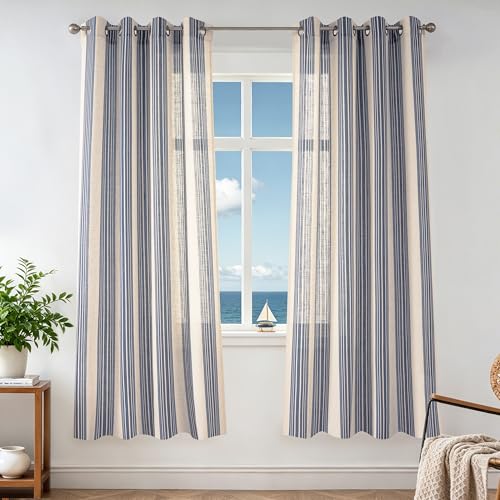 DriftAway Farmhouse Vertical Striped Linen Blend Textured Light Filtering Semi Sheer Curtains for Living Room Bedroom 63 Inches Long Drapes 2 Panels Broad Striped Jean Navy