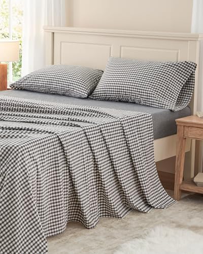 "PURE ERA Queen Sheet Set 100% Washed Cotton Gingham Bed Sheets Queen Size,4 Pieces Set, Soft,Breathable, Durable,Linen Feel - 15"" Deep Pocket - Checked Dark Grey"