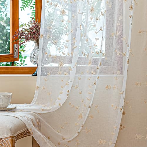 AmHoo 2 Panels Leaf Flora Embroidered Farmhouse Semi Sheer Curtain Voile Curtains for Living Room Bedroom Window Treatment White Beige 53 x 84 Inch