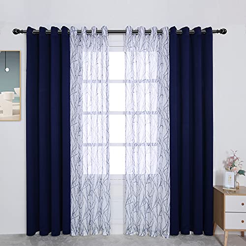 Bonzer 4 Panels Set Mix and Match Curtains for Bedroom Living Room - 2 Pieces Branch Print Sheer Curtains & 2 Pieces Blackout Curtains Thermal Grommet Window Drapes, 54x95 Inch/Panel, Indigo