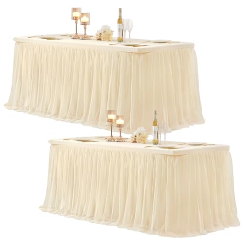 Champagne Tablecloth for 8 Foot Rectangle Tables, Ruffle Tulle Table Skirt for Rectangle Table 8ft Tables Cover Fitted Banquet Birthday Party Wedding Tablecloth Elastic Stretch