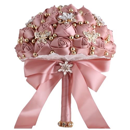 "TUAGYMKR Bridal Wedding Bouquet for Bride Bridesmaid Wedding Quinceanera Throw Toss Artificial Rose Flower Bunch with Bling Brooch (66#DarkPink, Medium (Dia. 8.7""/22cm))"