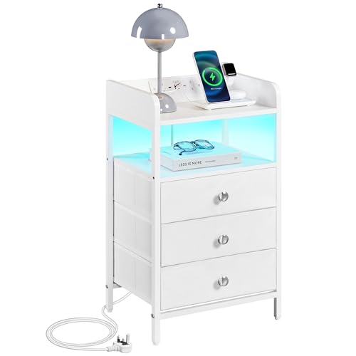 Yaheetech Bedside Table with Charging Station and LED Light, Bedside Cabinet with 3 Fabric Storage Drawers, Nightstand with USB Ports for Bedroom, Livingroom, White