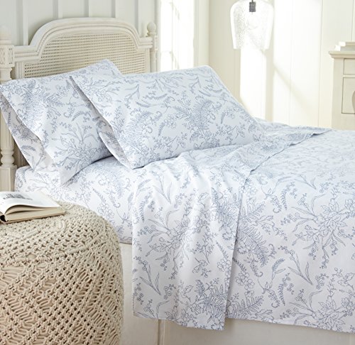 Southshore Fine Living, Inc. Winter Brush Collection, 4-Piece Cal King Bed Sheets Set, 15 Inch California King Size Sheets Deep Pocket Set, Fitted Sheet, White Pillow Cases, White Sheets, Blue Flowers