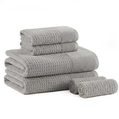 Madison Park Spa Waffle 100% Cotton Luxurious Towel Set, Premium Texture Waffle Weave, Highly Absorbent, Quick Dry, Hotel & Spa Quality Wash Clothes for Bathroom, Assorted Sizes, Grey 6 Piece