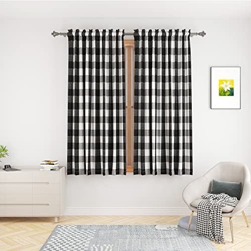 "UPOPO Buffalo Check Window Curtains 54 inches Long Living Room Cotton Curtain Panels Bedroom Plaid Gingham Farmhouse Decor Curtains Rod Pocket Kitchen Bathroom Basement 2 Panels Black White 52""x54"""