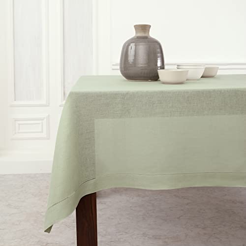 Solino Home 100% Pure Linen Tablecloth Green, Classic Hemstitch 60 x 90 in - Classic Hemstitch Table Cloth For Dining, Home Decor, Table Setting, Indoor & Outdoor Use, Parties, Gifting, Machine Washable