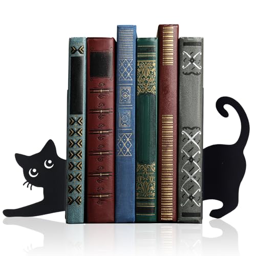 Geelin Stretching Black Cat Metal Bookends Set of 2 Styles Book Ends for Shelves Decorative Bookshelf Home Office Desk Bookshelf Decor Gift for Cat Lovers and Reading Enthusiasts