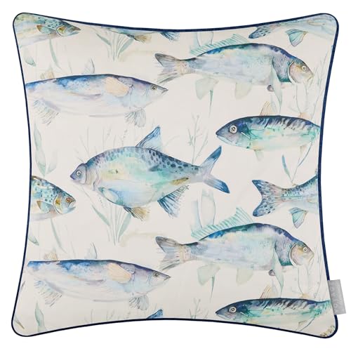 Voyage Maison Ives Water Feather Filled Cushion – Watercolour Fish Coastal Printed Piped Linen Blend Décor (Cobalt - 50x50cm)