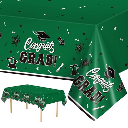 2 Pack Green Graduation Tablecloth - Congrats Grad Table Cloths, Plastic Disposable Rectangle Class of 2025 Table Cover for Graduation Table Decorations Party Decor Supplies Favors,108 x 54 Inch