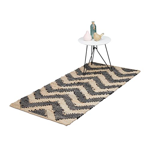 Relaxdays Boho Runner Rug, Jute, Non-slip, Hand-Woven, for Hallway, Kitchen, Zigzag Pattern, 70 x 140 cm. Black/Beige