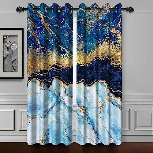 Baocicco Blue Marble Blackout Window Curtains Blue Gold Texture Print Curtain with Grommet Modern Luxury Gold Glitter Darkening Drape for Living Room Bedroom Decor 2 Panels 21x72 Inch