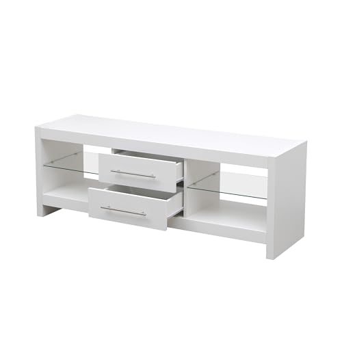 "MMT White TV Stand 55 Inch Cabinet LED Lights, 2 Glass Shelves 2 Drawers, White Gloss TV Unit for Living Room, for Up to 65"" TV, Modern Living Room Furniture"
