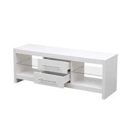 "MMT White TV Stand 55 Inch Cabinet LED Lights, 2 Glass Shelves 2 Drawers, White Gloss TV Unit for Living Room, for Up to 65"" TV, Modern Living Room Furniture"
