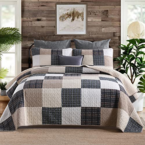SahSahCasa Quilt King Size, King Quilt Set, 100% Cotton King Quilt Bedding Set Bedspreads, Patchwork Farmhouse Quilt, Plaid Lightweight Rustic Quilts Bedspread for King Bed, Beige, for All Season