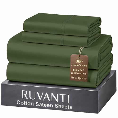 "Ruvanti 100% Cotton Sheets California King Size Bed Set - 300 Thread Count Silky Soft Sateen Weave,Cooling, Lightweight & Breathable,14"" Deep Pocket,Durable & Luxury Satin-Like,4 Piece, Rifle Green"