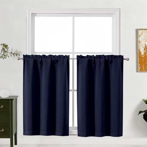 "Lecloud Navy Blue Kitchen Curtains 36 Inch Length 2 Pcs, Modern Farmhouse Decor Privacy Room Darkening Curtain, Short Window Drapes Rod Pockets for Bedroom Cafe Basement, Each Panel 30"" W x 36"" L"