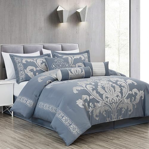 Chezmoi Collection Royale 7 Piece Bedding Set, Polyester, Grayish Blue/Grey, California King