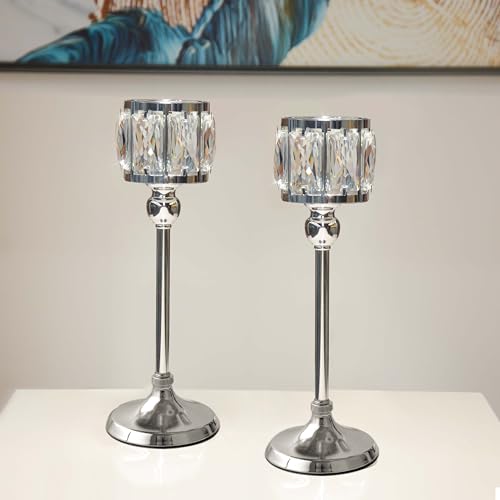 2 Pcs Crystal Bowl Tealight Candelabra Votive Candle Stand, Wedding centerpieces for Tables Crystal Candlestick,Centerpiece Table Decorations (Silver 2PCS)