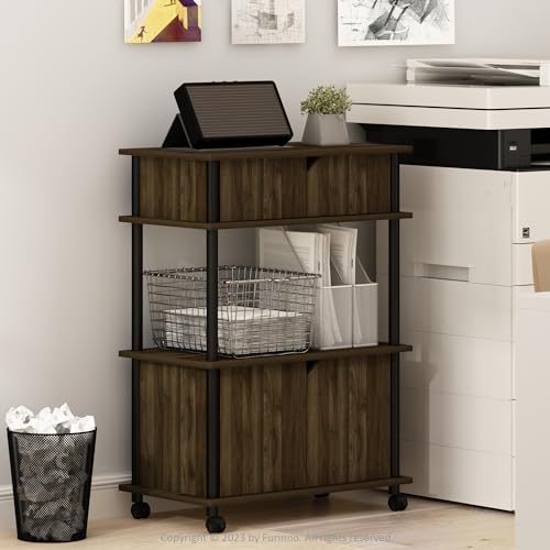 Furinno TURN-N-TUBE Printer Stand with Storage, 4-Tier Printer Table with with Storage Cabinet and Casters, Open Frame Standing Shelf, for CPU, Office Supplies, Home Office, Columbia Walnut