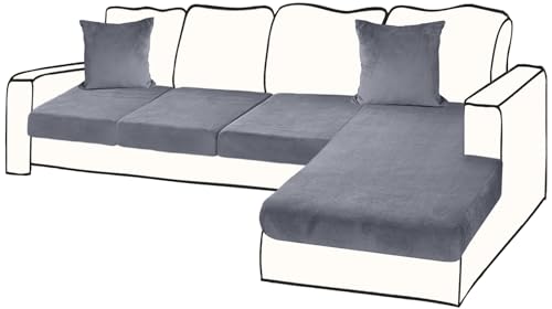 BT.WA Sectional Couch Covers for 4-Piece Seat Cushion Velvet Separate L Shape Couch Cover Stretch Sofa Slipcover with 2 Pieces Pillowcases Furniture Protector (Sofa 3 Seater + 1 Chaise, Dark Grey)