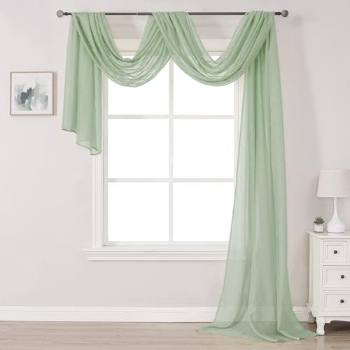 DONREN Sage Green Sheer Window Scarf Valance - Luxury Soft Semi Sheer Scarf for Window Wedding Arch Curtains (1 Panel, 34 x 216 Inch Length)