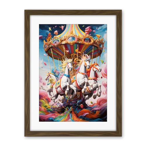 Artery8 Magical Carousel in Rainbow Clouds Bright Bold Vibrant Fantasy Kids Bedroom Baby Nursery Artwork Framed Wall Art Print 18X24 Inch